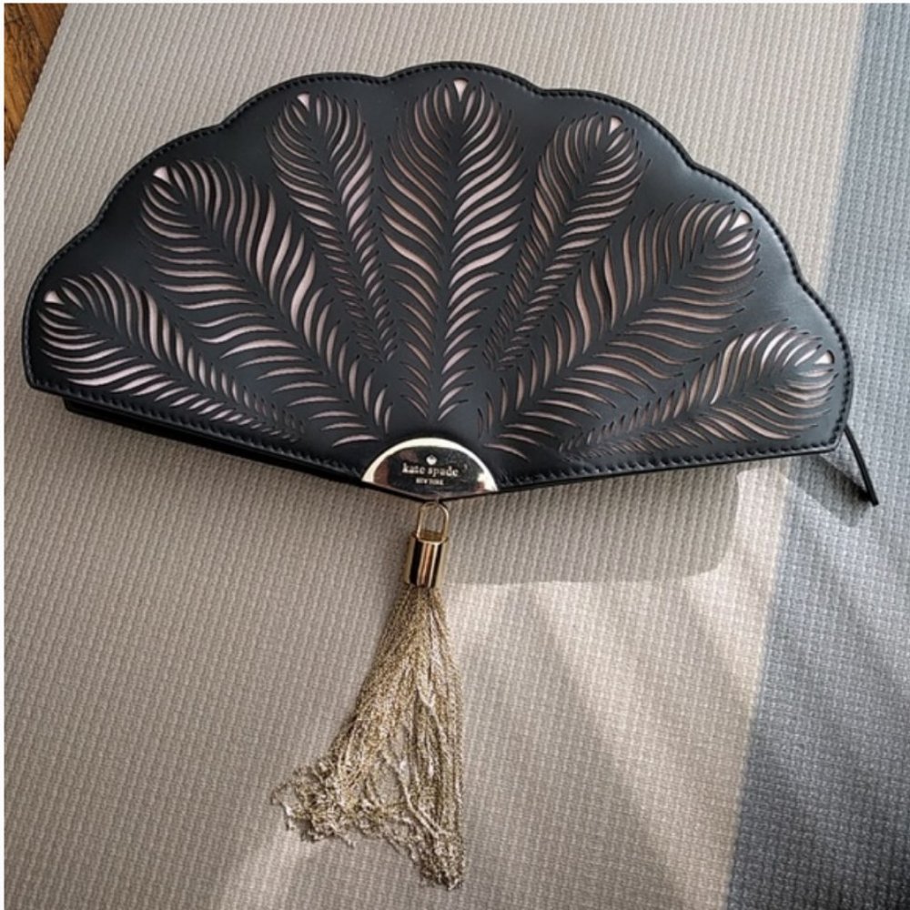 Kate Spade Dress the Part black Fan Clutch purse nwot - Picture 7 of 8